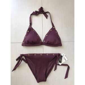 Bar III Bikini Set Ribbed Grommet Halter Padded Swimwear